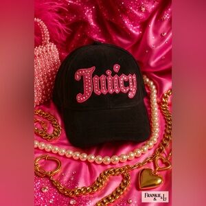 Juicy Couture Black Velour Baseball Cap Pink Rhinestone “Juicy” Logo NWT